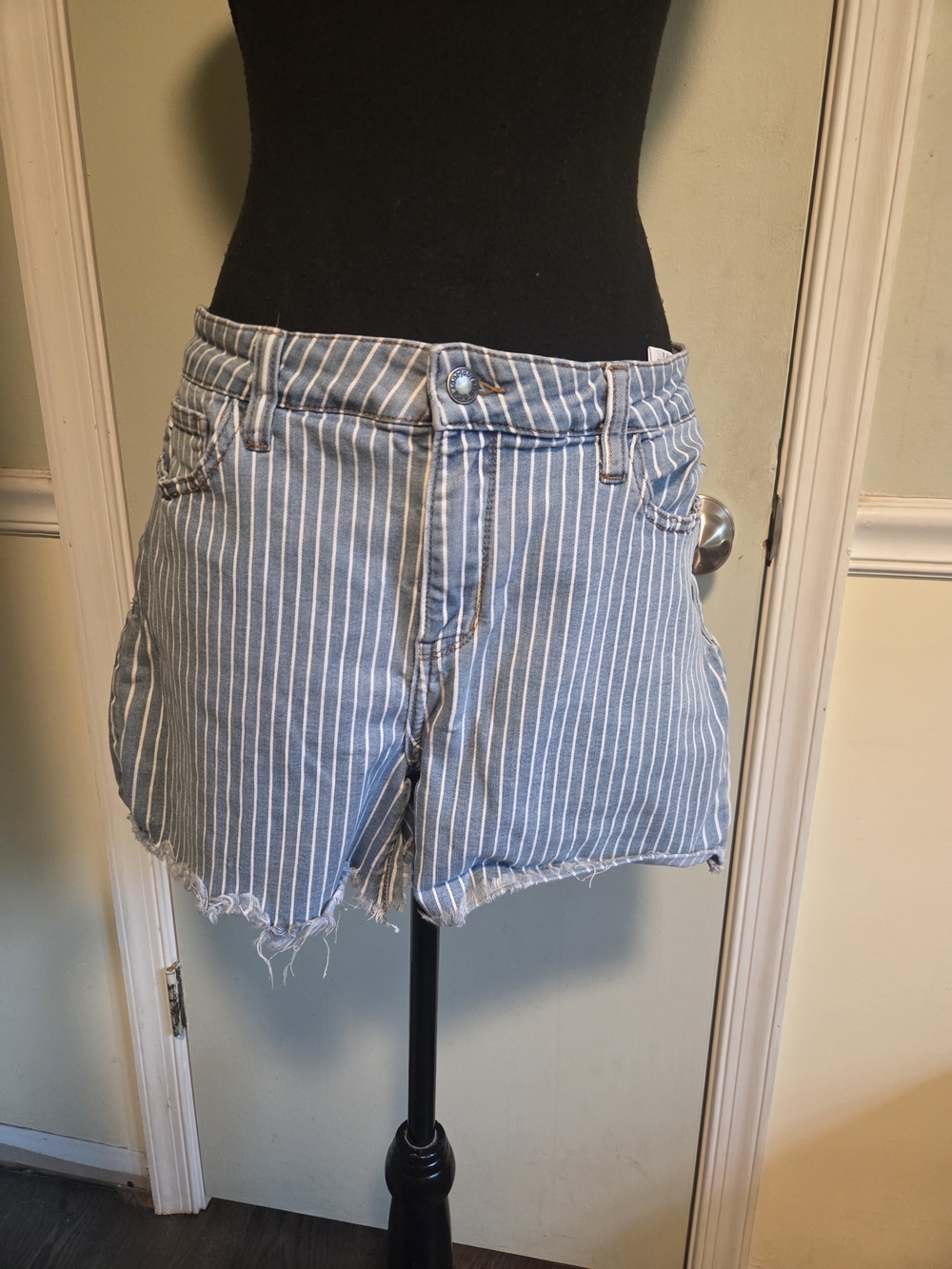 Judy Blue Light Blue and White Striped Frayed Hem Denim Shorts